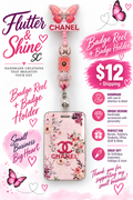 Pink butterfly badge reel with beaded accents and floral ID holder; promotional text and decorations are not included