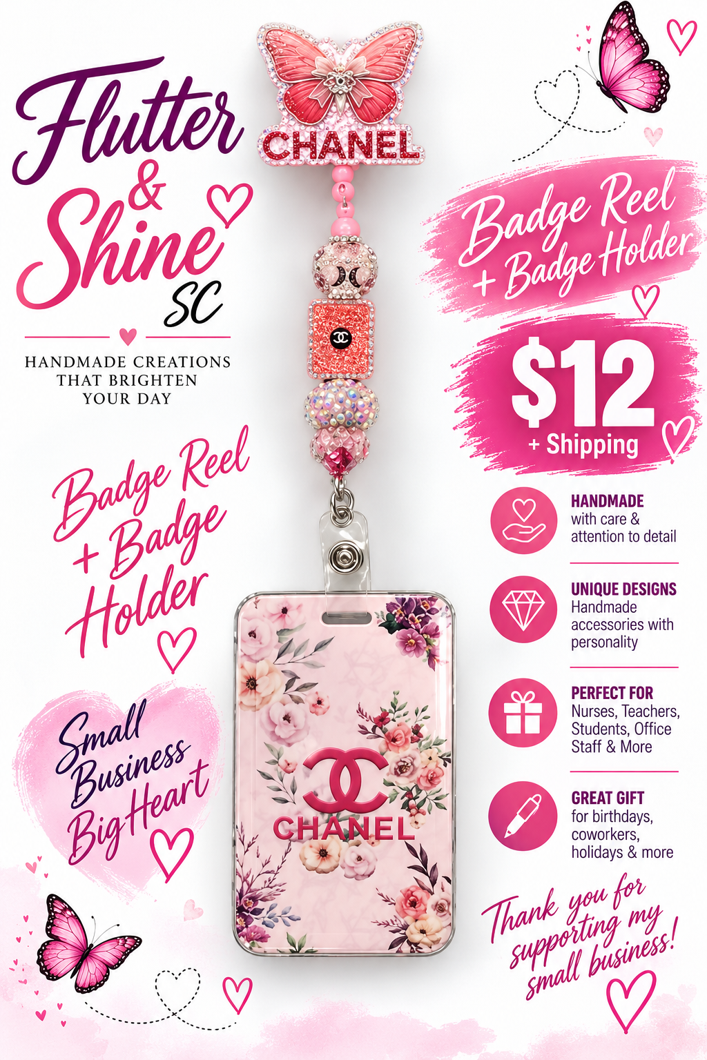 Pink butterfly badge reel with beaded accents and floral ID holder; promotional text and decorations are not included