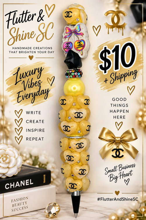 Yellow bear charm beaded pen with rhinestone accents and rainbow bow; display boxes, flowers and jewelry not included