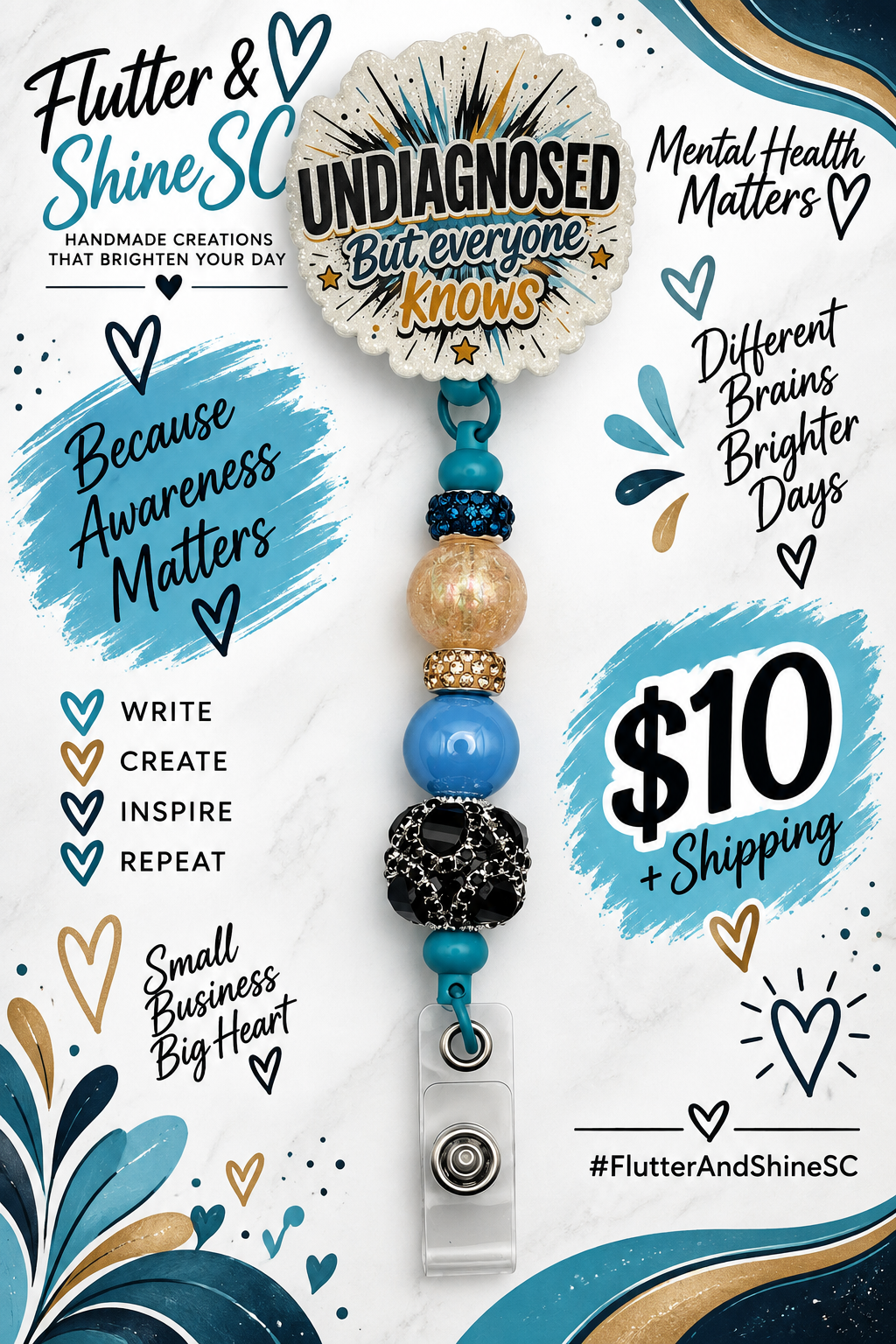 Undiagnosed But Everyone Knows badge reel with teal, blue, gold-tone and black beads and clear clip; background graphics excluded