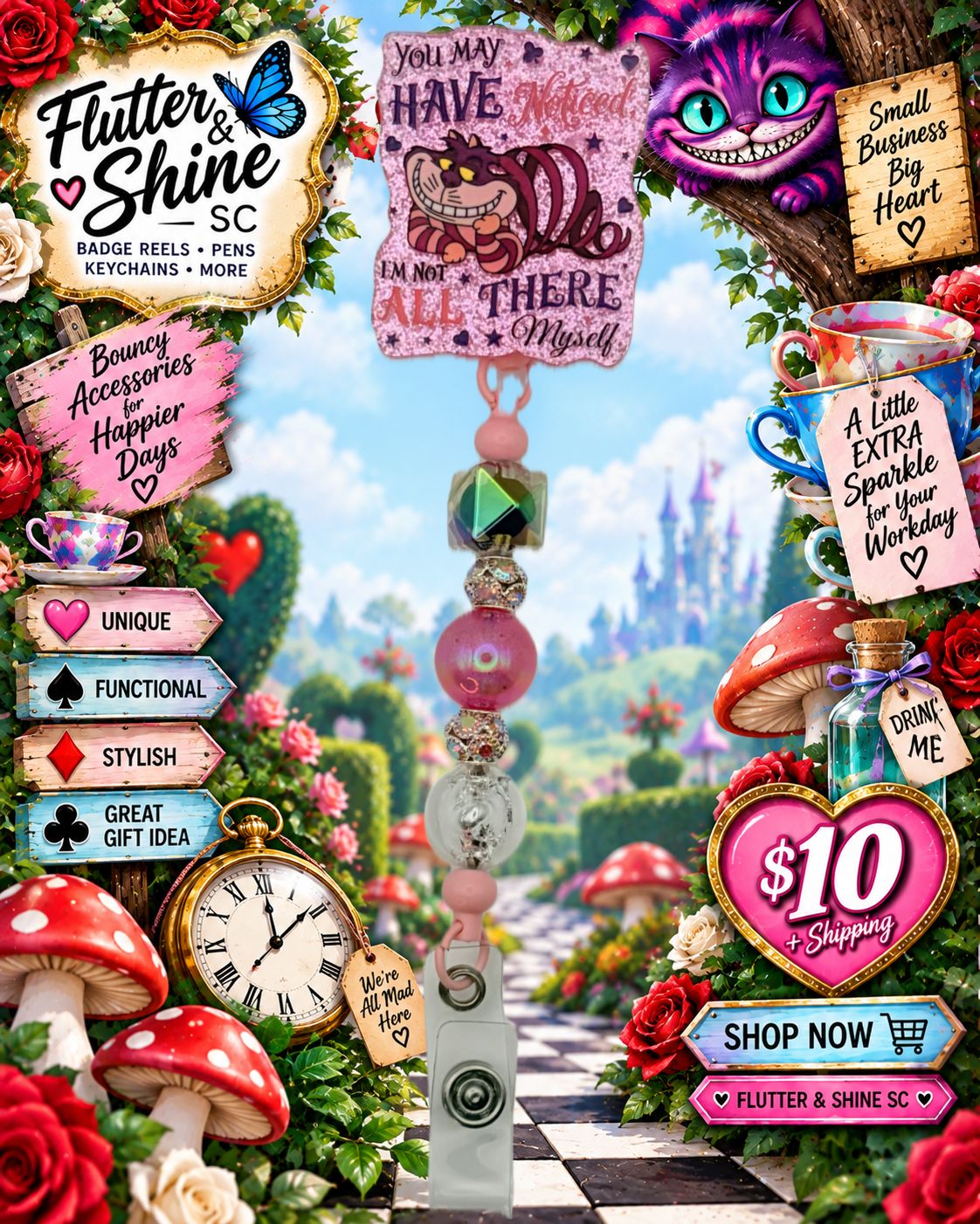 Cheshire Cat 'Not All There' Beaded Badge Reel