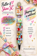 Single beaded pen with multicolored rectangular gems, sparkling accents, and a gift-shaped topper. Background props not included.