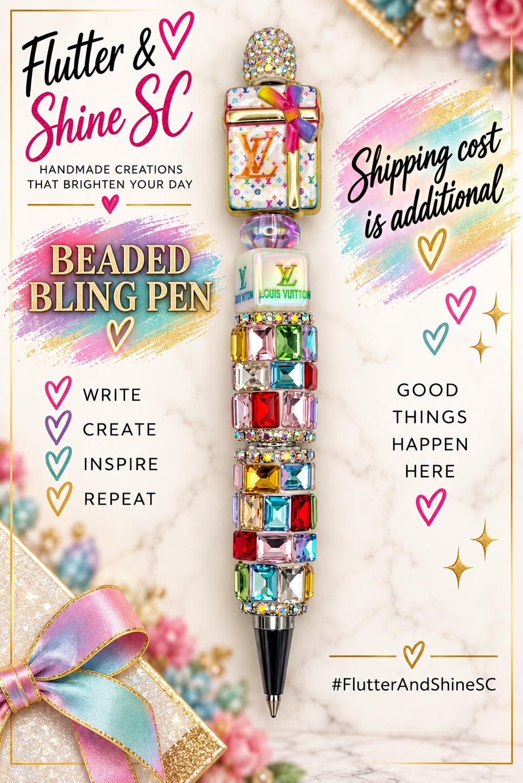 Single beaded pen with multicolored rectangular gems, sparkling accents, and a gift-shaped topper. Background props not included.