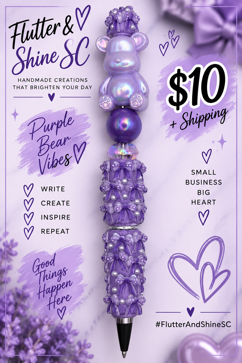 Purple beaded pen with iridescent bear topper and raised bow-and-pearl accents; background decorations excluded