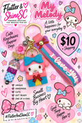 My Melody pink character keychain with blue bow, love you strap, and colorful bead charms; surrounding promotional graphics excluded