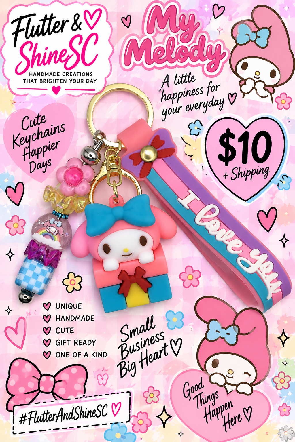 My Melody pink character keychain with blue bow, love you strap, and colorful bead charms; surrounding promotional graphics excluded