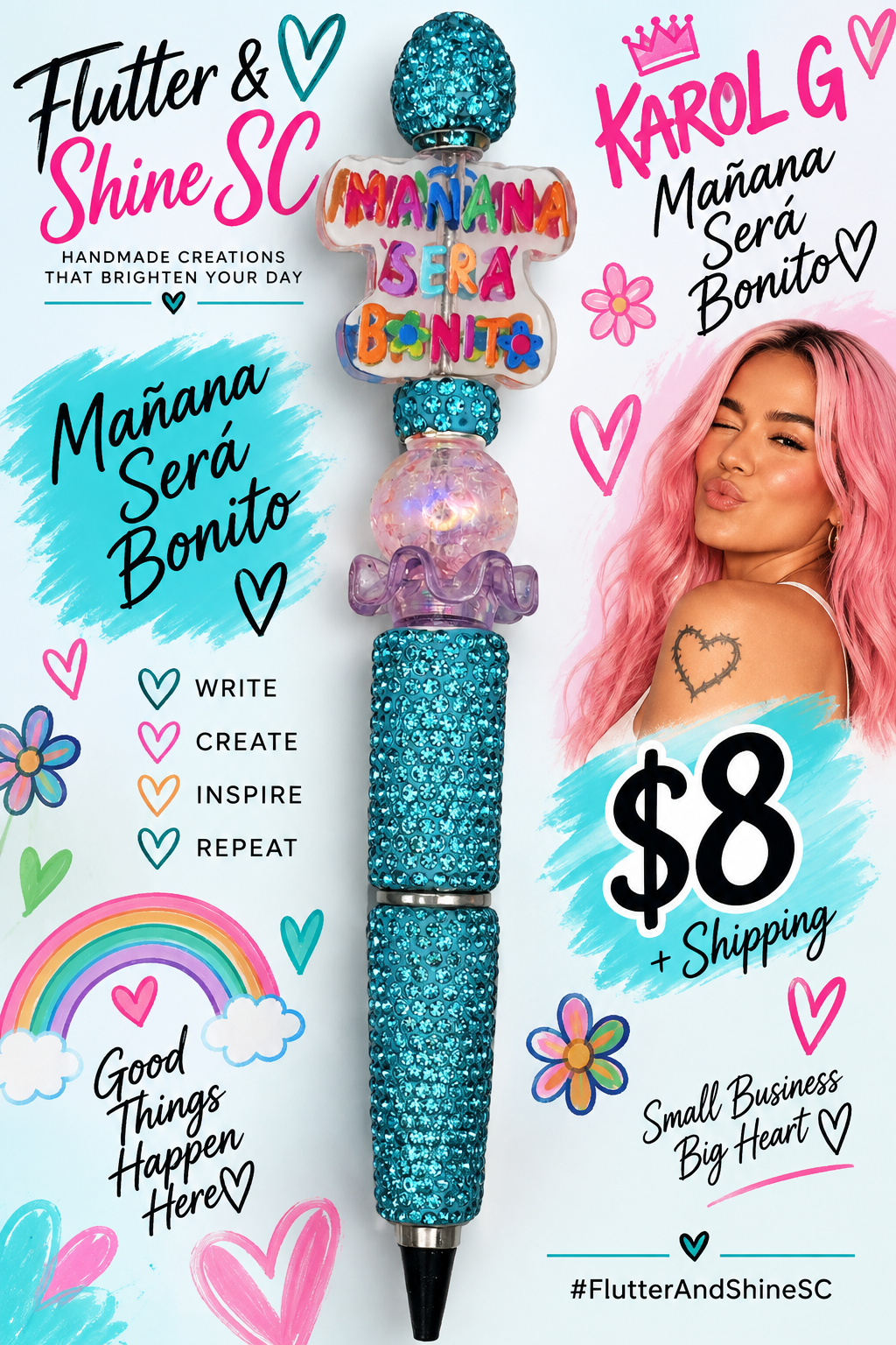 Turquoise sparkling beaded pen with Mañana Será Bonito accent; person and background graphics are not included