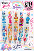 Five colorful Care Bears collection beaded pen designs shown together; price is per individual pen, background graphics excluded