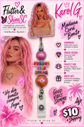 Pink portrait topper badge reel with pink and amber beads, Mañana Será Bonito accent and clear clip; larger portrait and graphics excluded