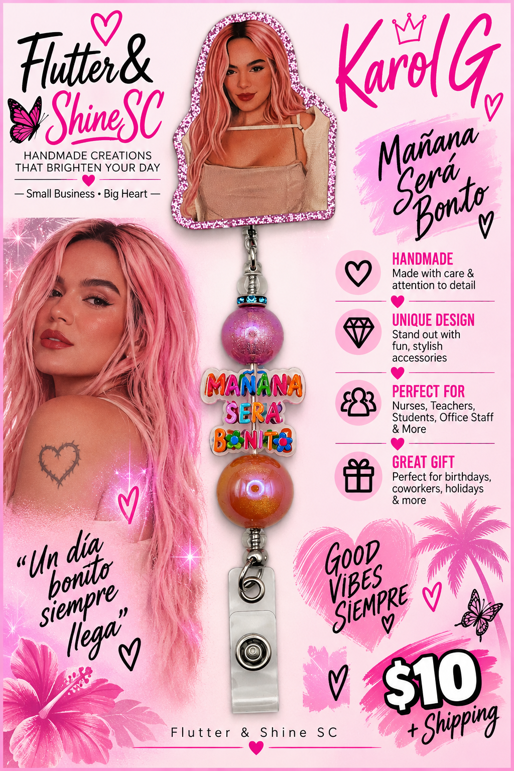 Pink portrait topper badge reel with pink and amber beads, Mañana Será Bonito accent and clear clip; larger portrait and graphics excluded