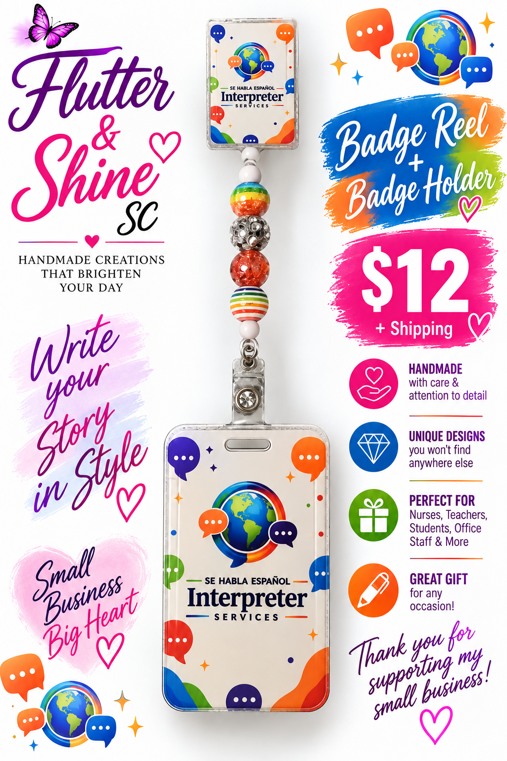 Interpreter Services badge reel with colorful beads and matching globe-and-speech-bubble ID holder; surrounding promotional graphics are not included