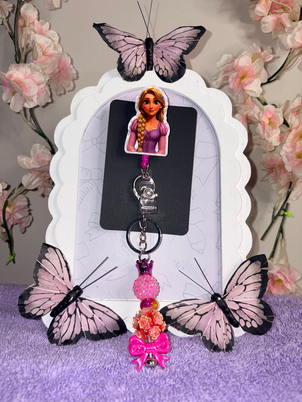 Rapunzel Pink Badge Reel with Beaded Keychain Charm