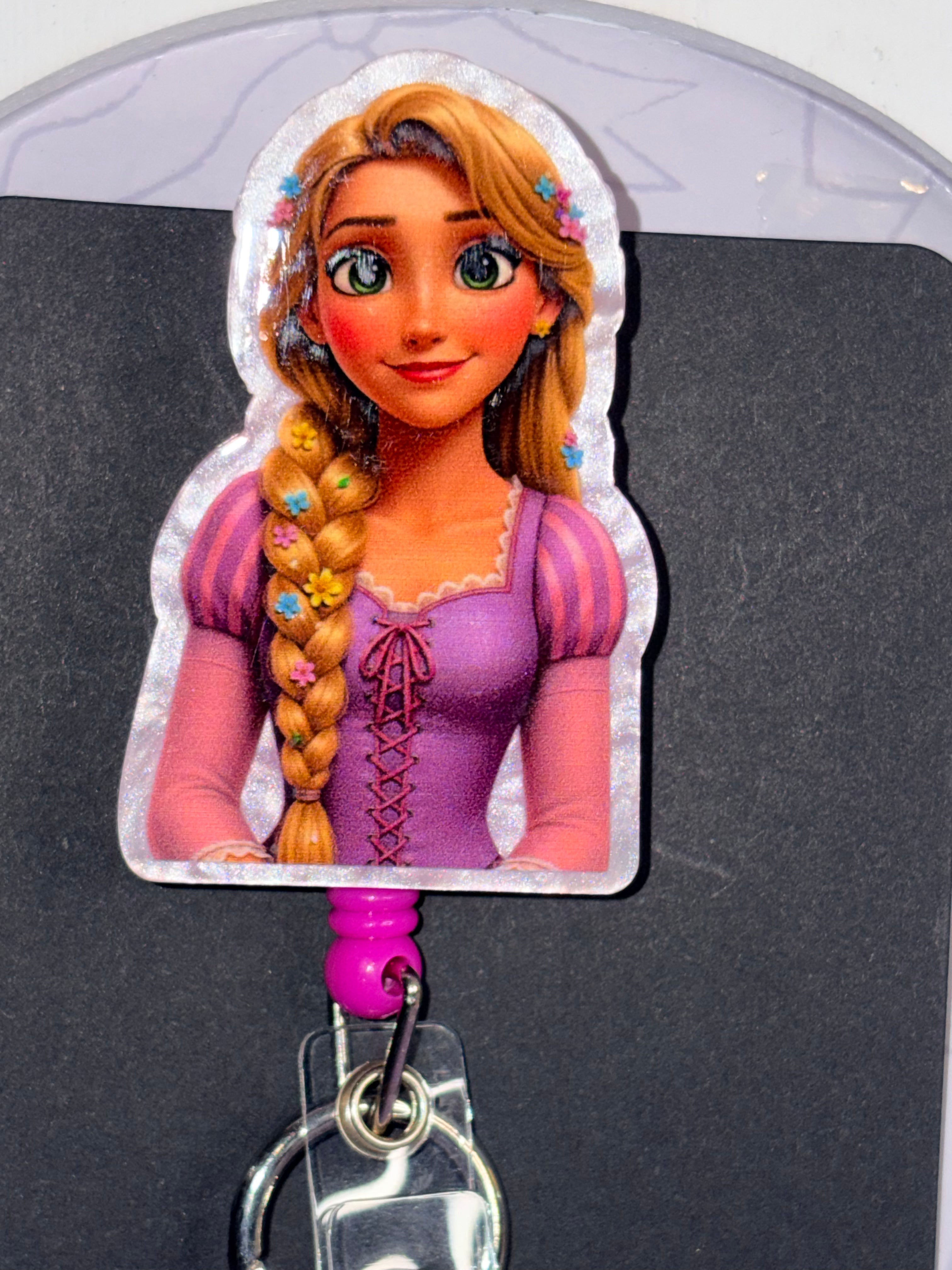 Rapunzel Pink Badge Reel with Beaded Keychain Charm