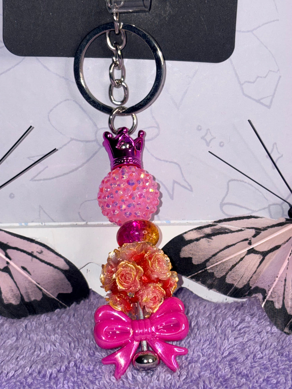 Rapunzel Pink Badge Reel with Beaded Keychain Charm