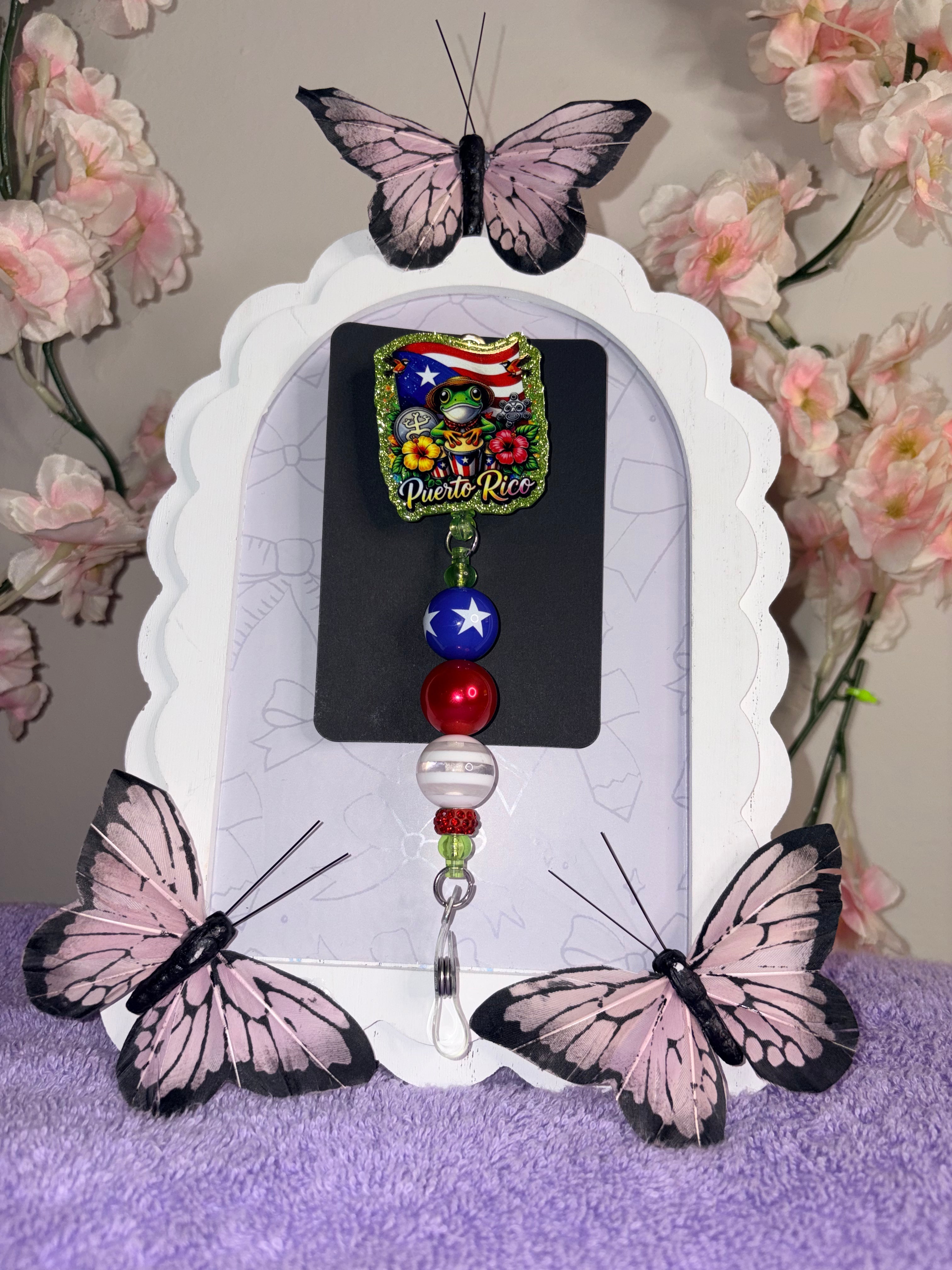 Puerto Rico Glitter Badge Reel with Beaded Charm