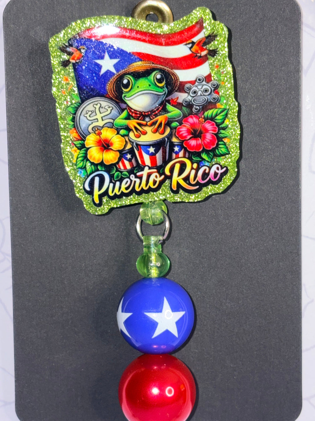 Puerto Rico Glitter Badge Reel with Beaded Charm