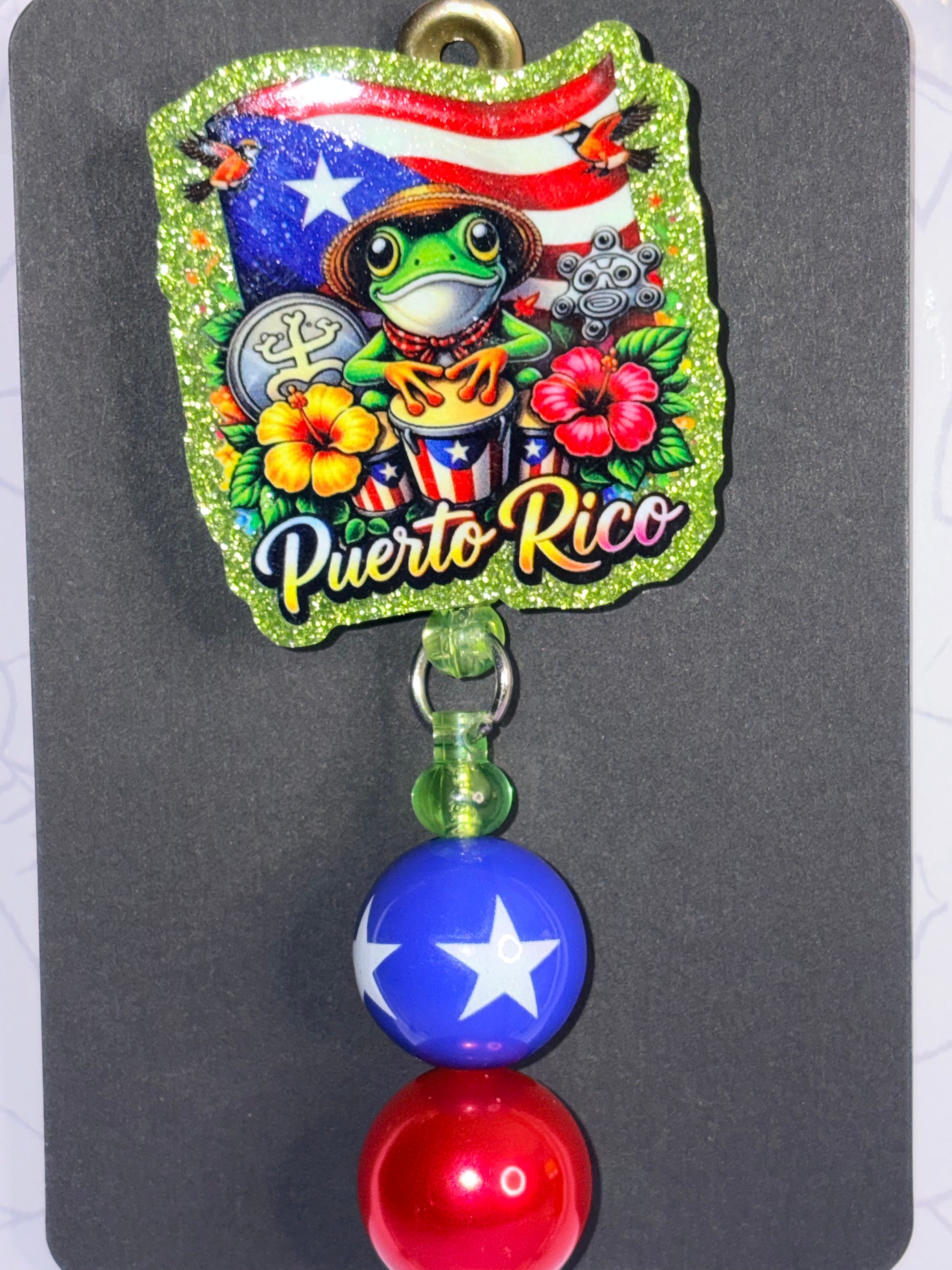 Puerto Rico Glitter Badge Reel with Beaded Charm