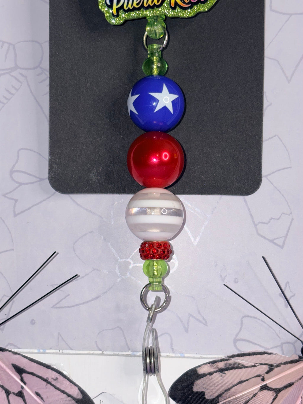 Puerto Rico Glitter Badge Reel with Beaded Charm