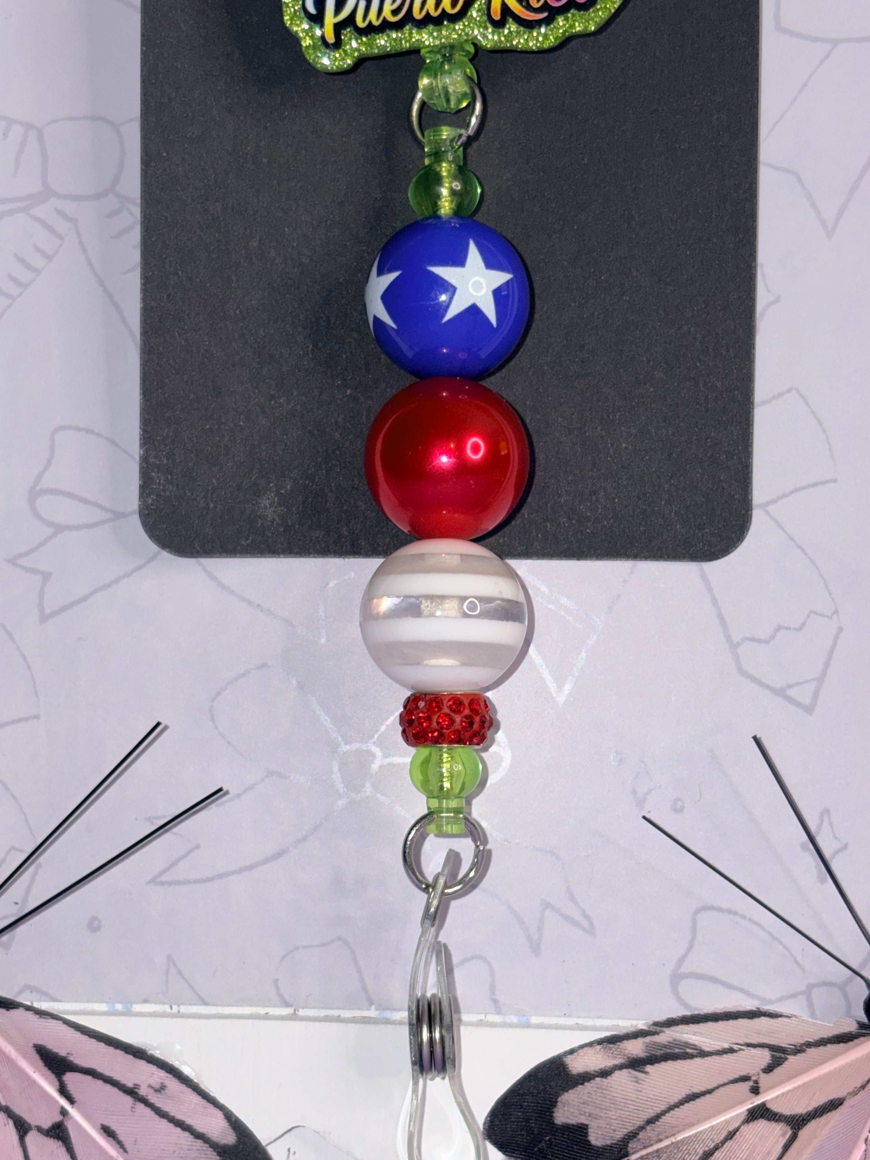 Puerto Rico Glitter Badge Reel with Beaded Charm