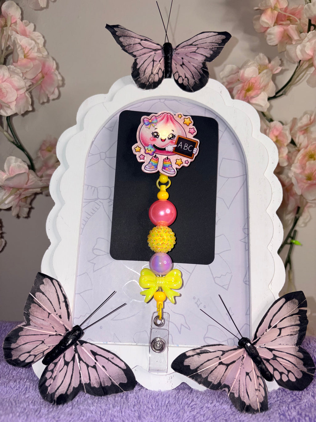 Cute Teacher Pink Dumpling Badge Reel with Beaded Bow Charm
