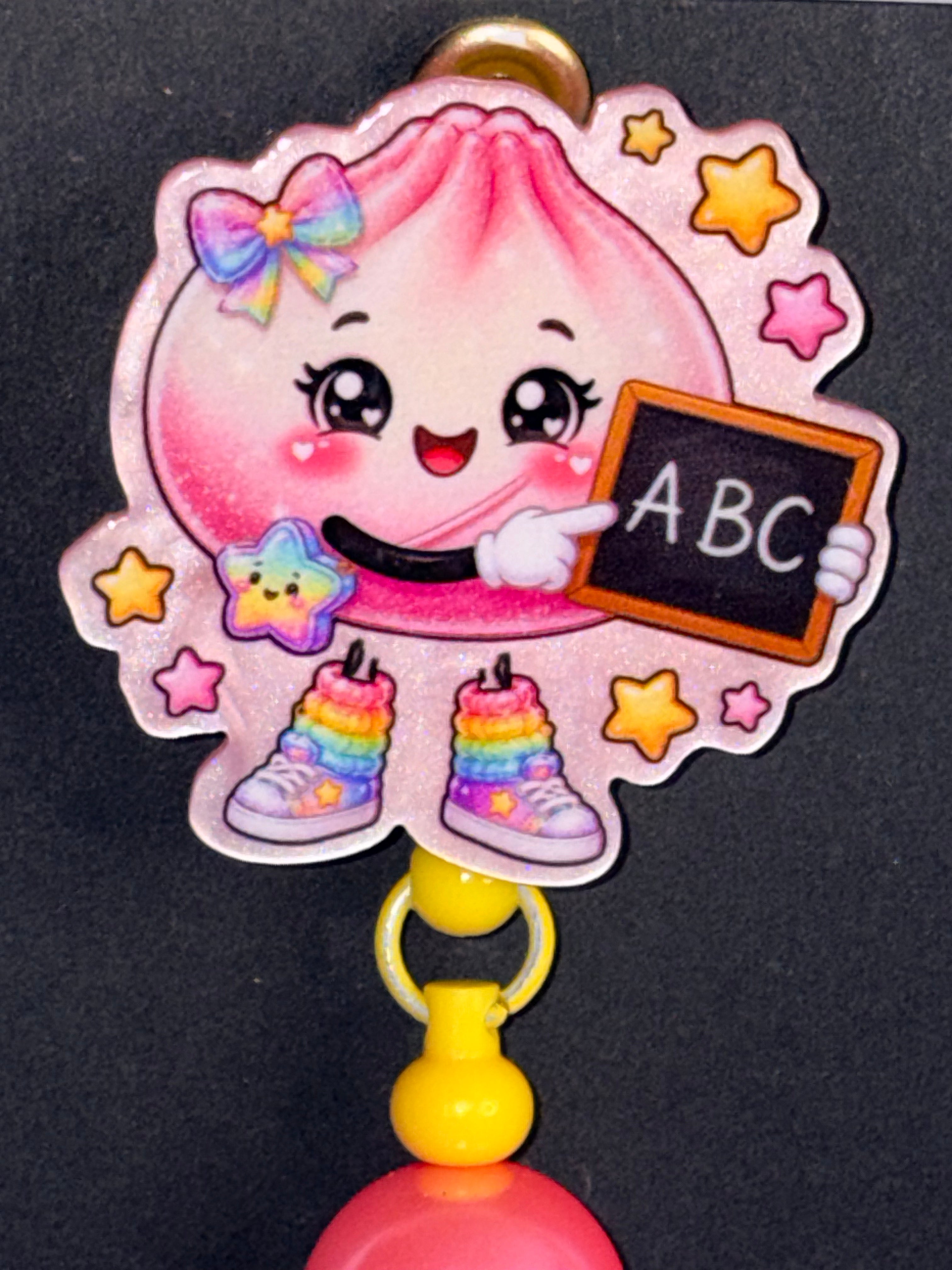 Cute Teacher Pink Dumpling Badge Reel with Beaded Bow Charm