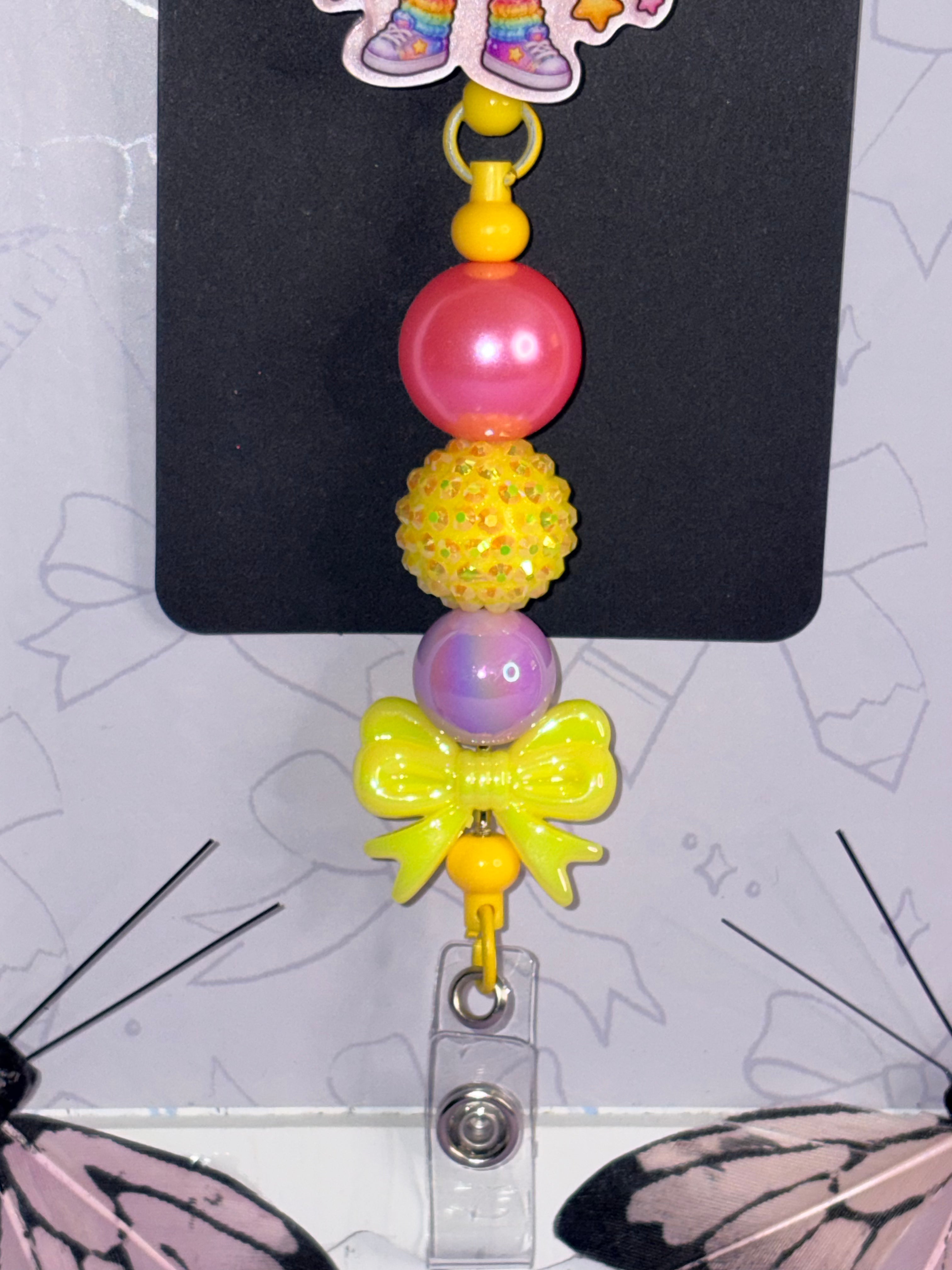 Cute Teacher Pink Dumpling Badge Reel with Beaded Bow Charm