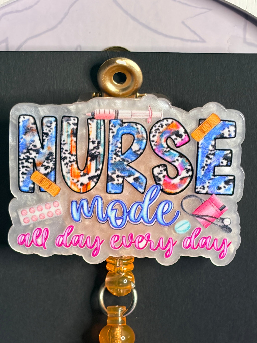 Nurse Mode All Day Every Day Badge Reel with Butterfly Beaded Charm
