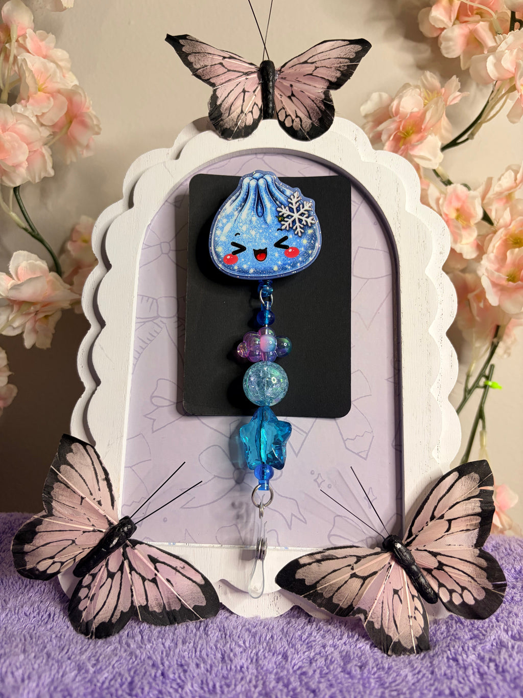 Winter Kawaii Dumpling Badge Reel with Blue Beaded Star Charm