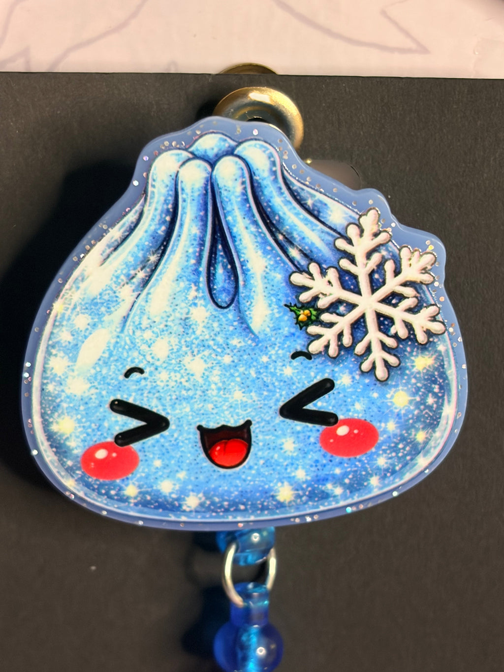 Winter Kawaii Dumpling Badge Reel with Blue Beaded Star Charm