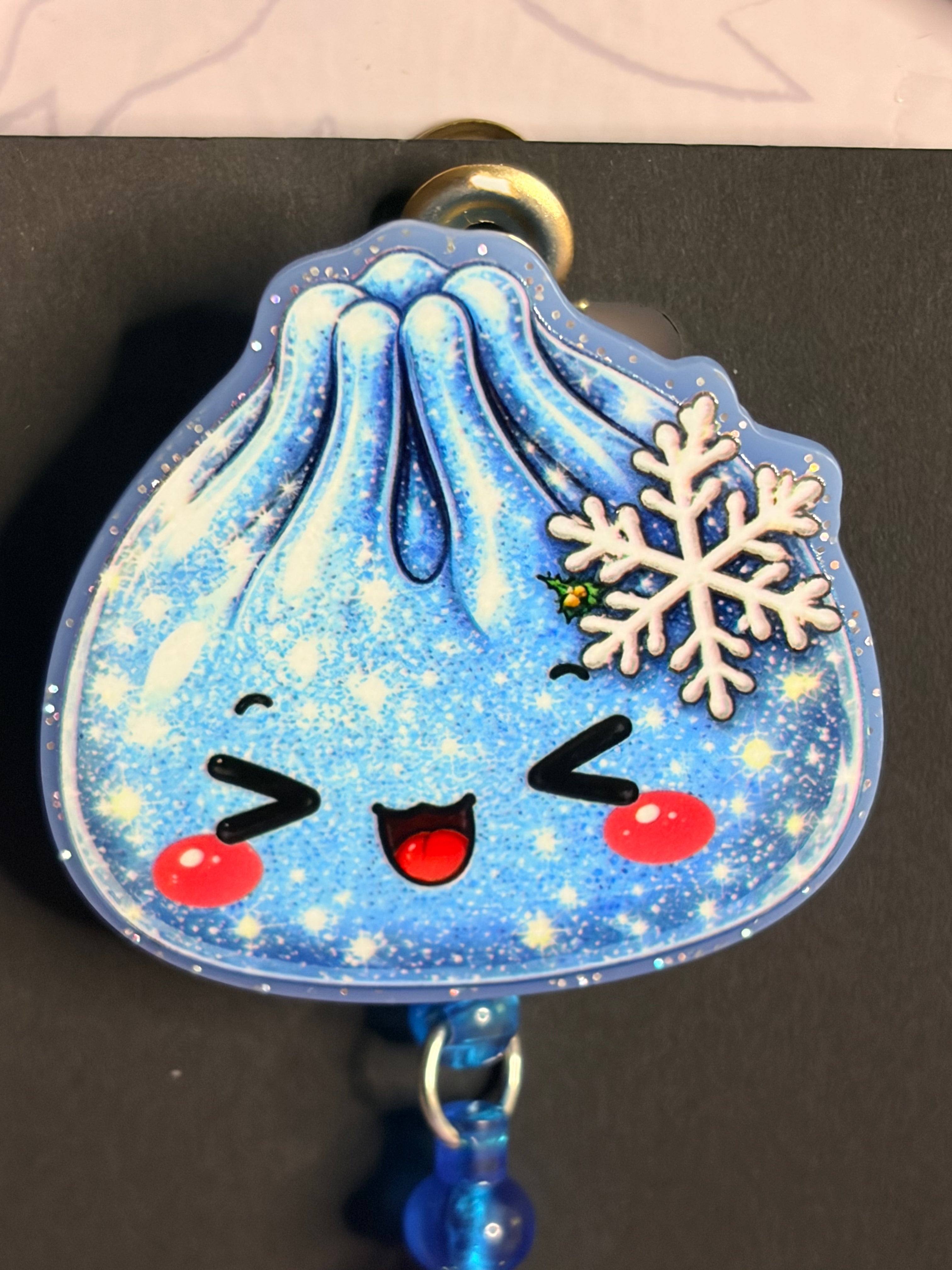 Winter Kawaii Dumpling Badge Reel with Blue Beaded Star Charm
