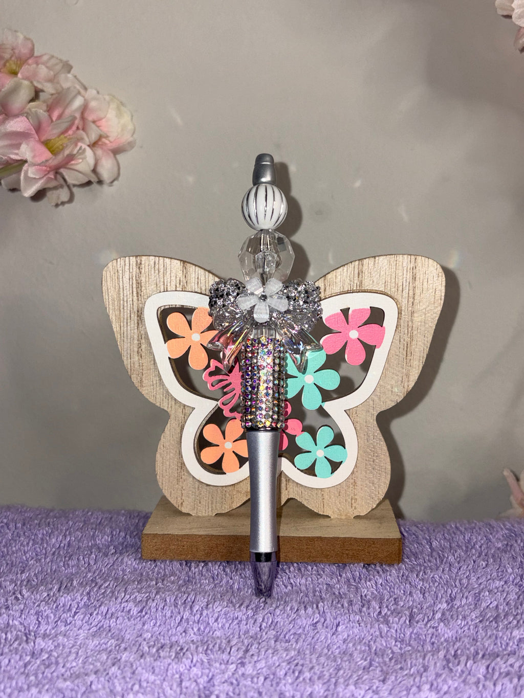 AB Rhinestone Beaded Pen with Crystal Bow & Flower Topper