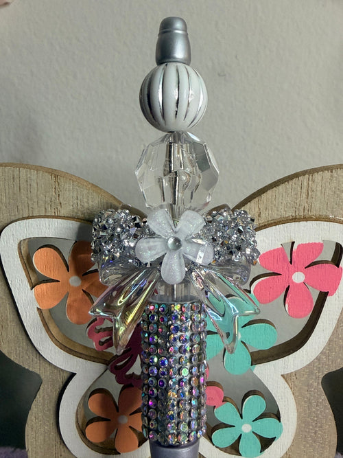 AB Rhinestone Beaded Pen with Crystal Bow & Flower Topper