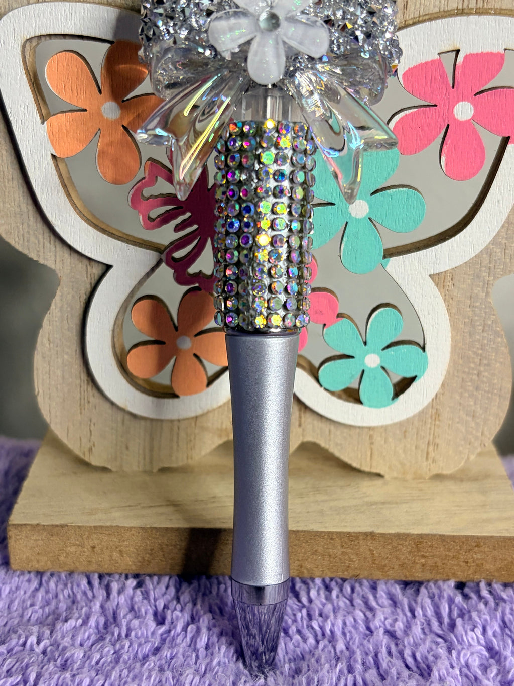 AB Rhinestone Beaded Pen with Crystal Bow & Flower Topper