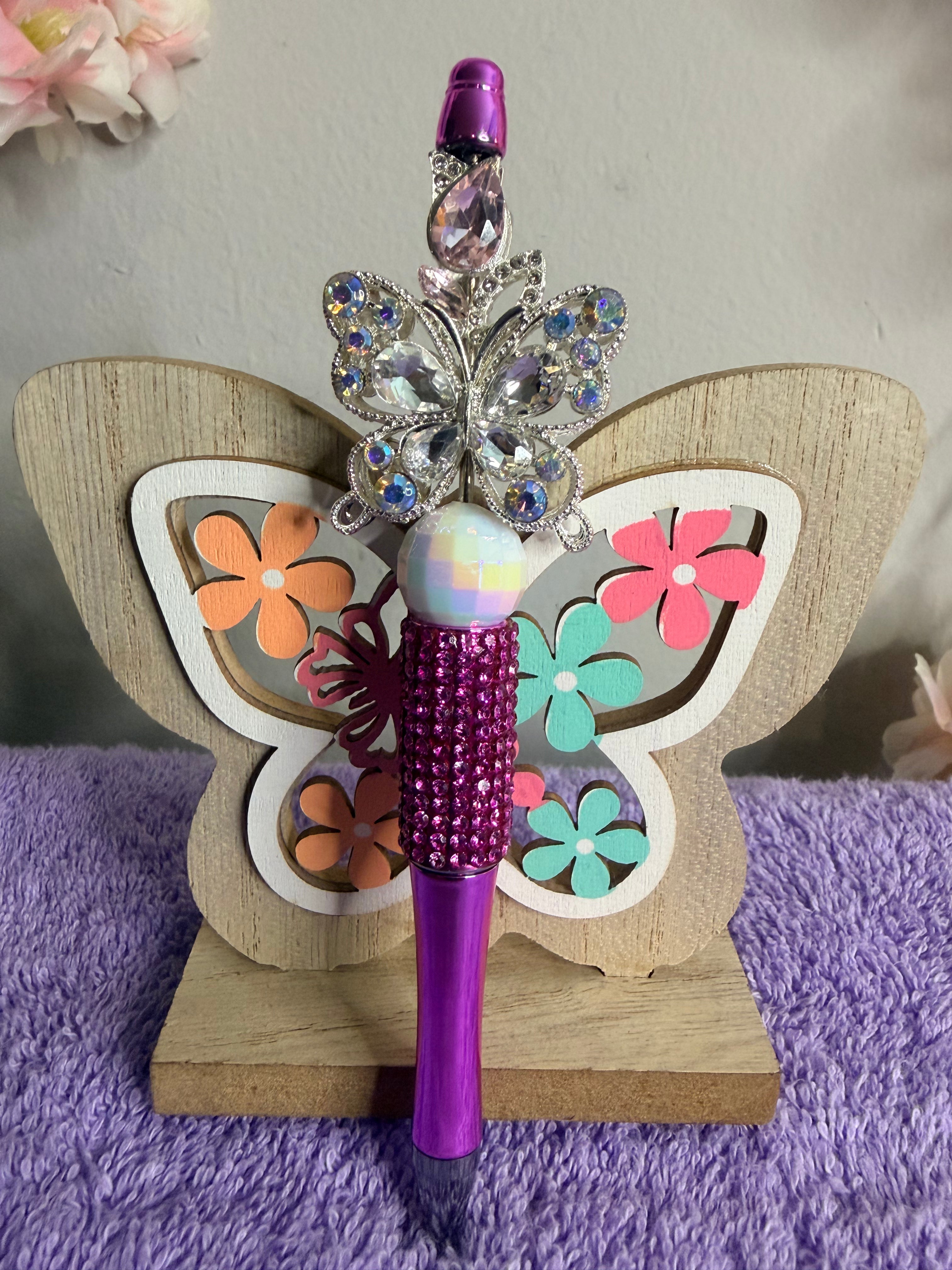 Purple Rhinestone Butterfly Beaded Pen with Crystal Topper