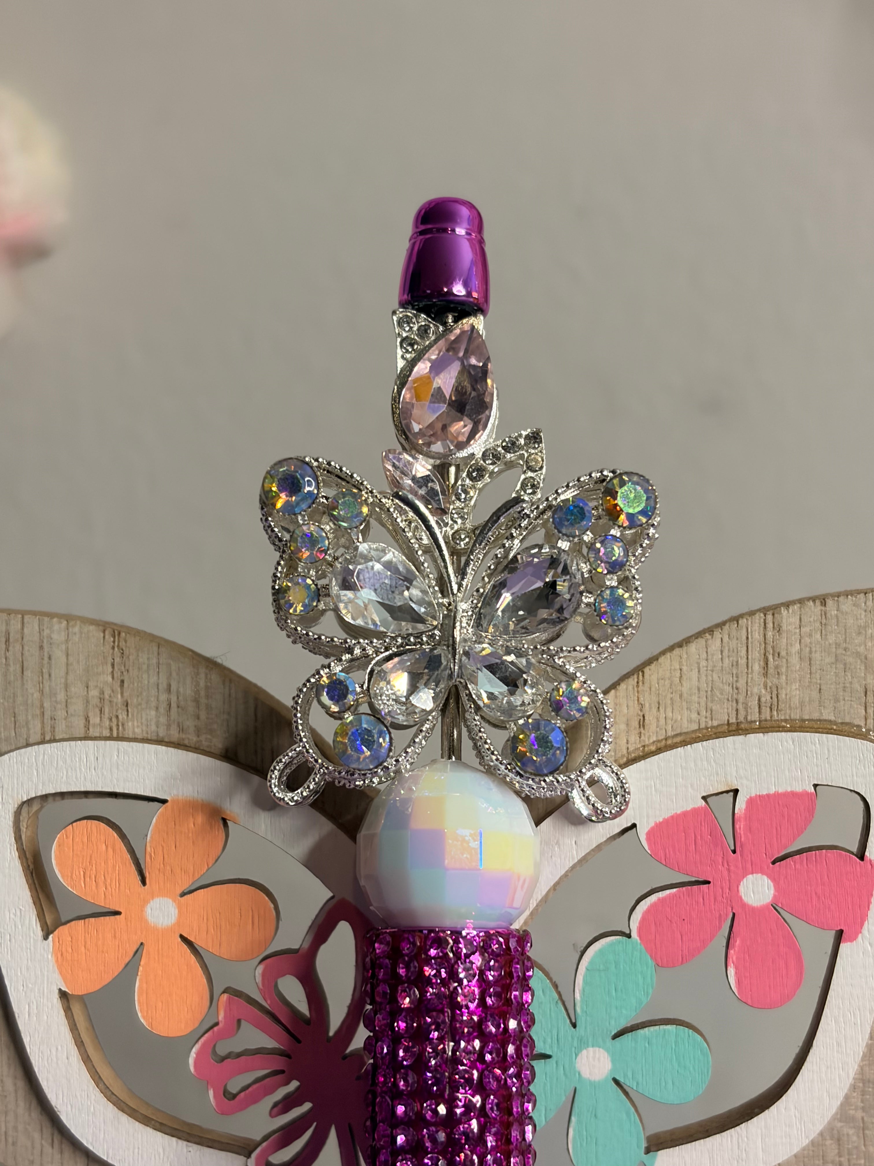 Purple Rhinestone Butterfly Beaded Pen with Crystal Topper