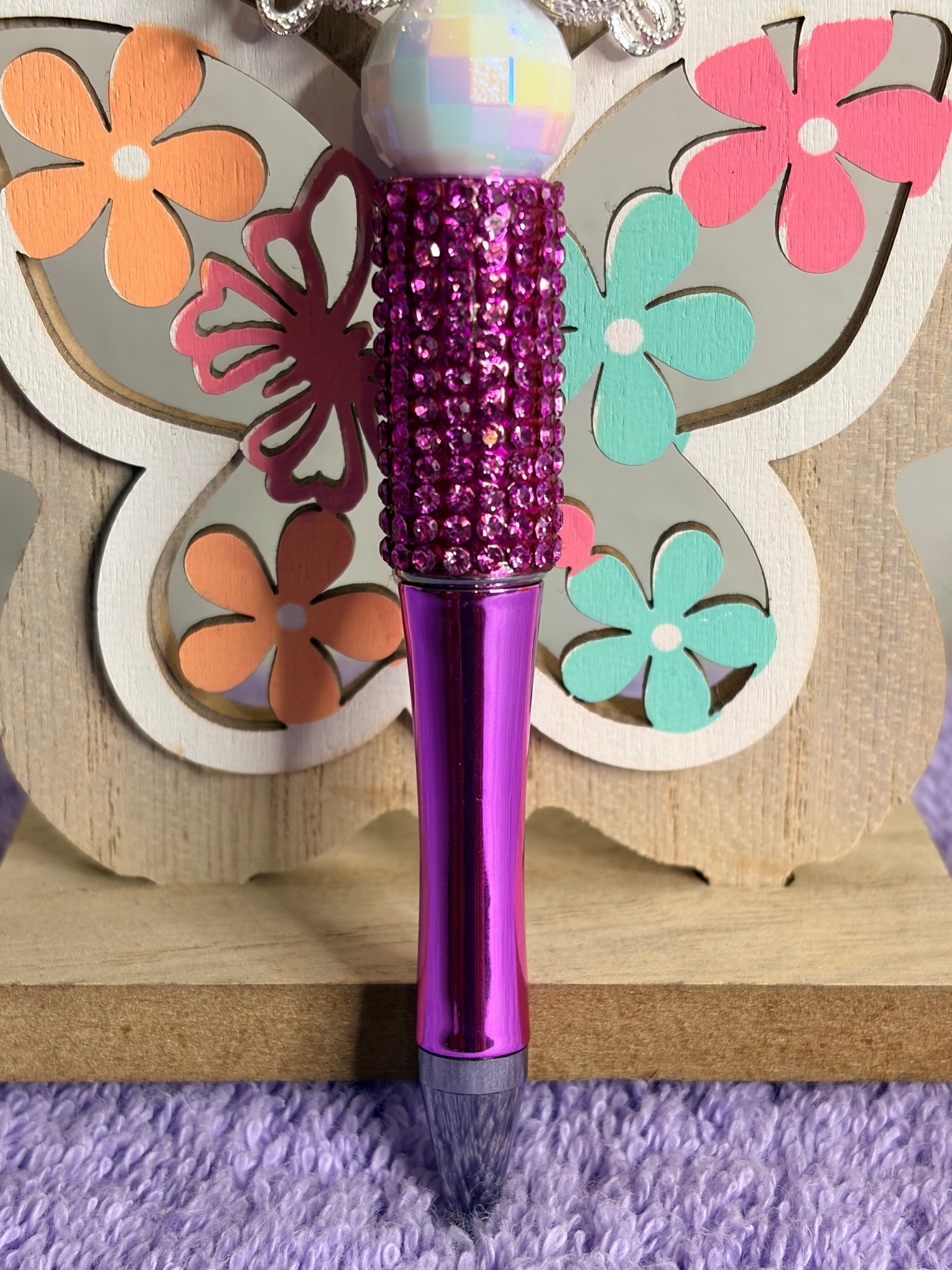 Purple Rhinestone Butterfly Beaded Pen with Crystal Topper