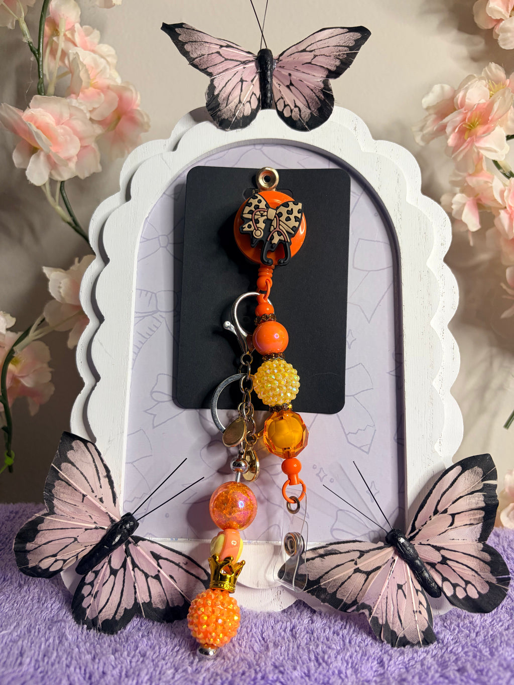 Orange Leopard Bow Badge Reel with Beaded Crown Keychain Charm Combo