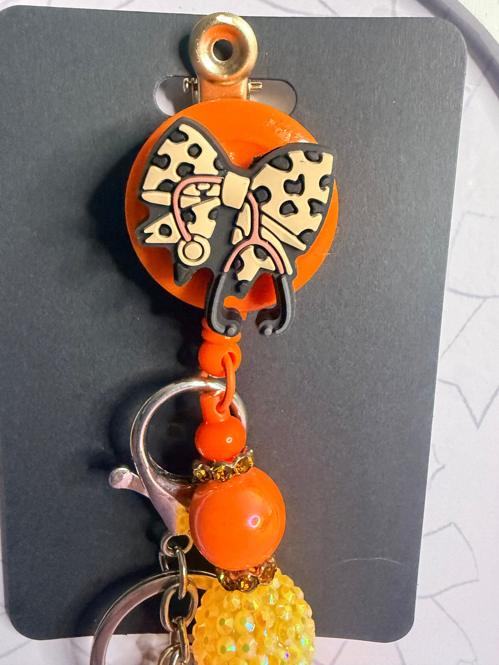 Orange Leopard Bow Badge Reel with Beaded Crown Keychain Charm Combo