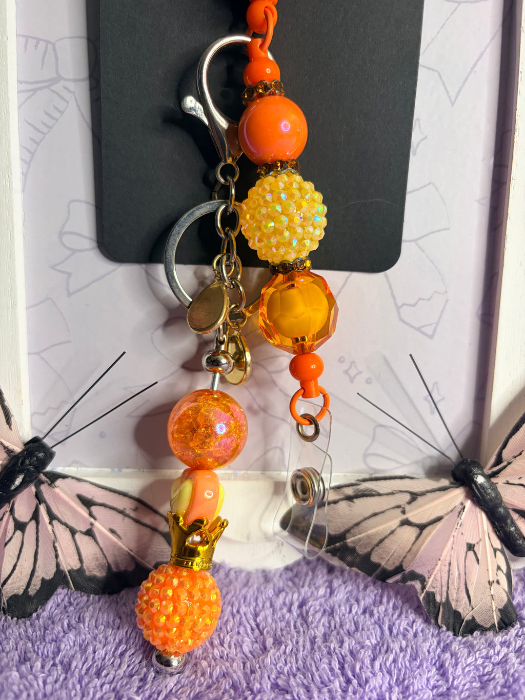 Orange Leopard Bow Badge Reel with Beaded Crown Keychain Charm Combo