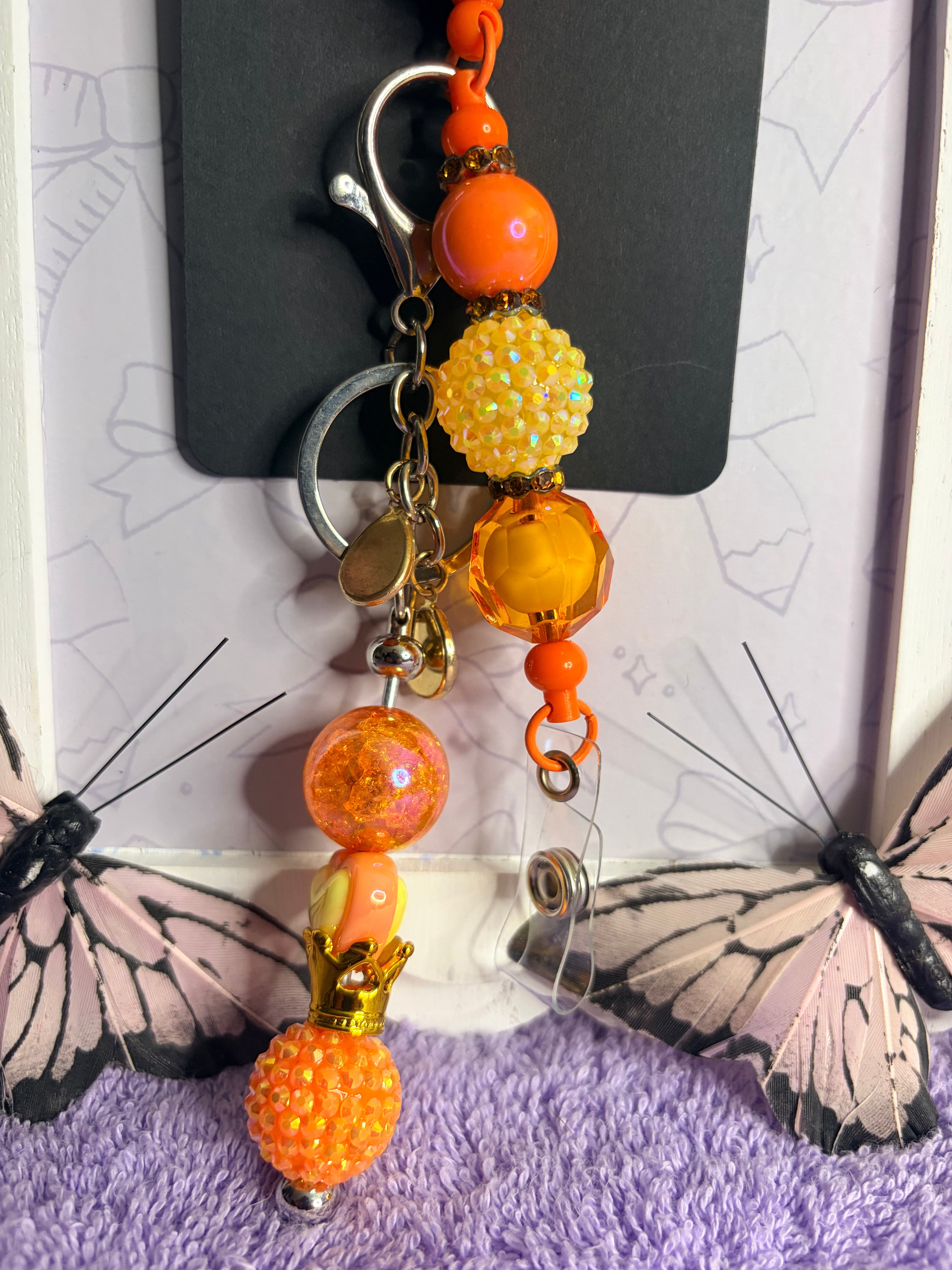 Orange Leopard Bow Badge Reel with Beaded Crown Keychain Charm Combo