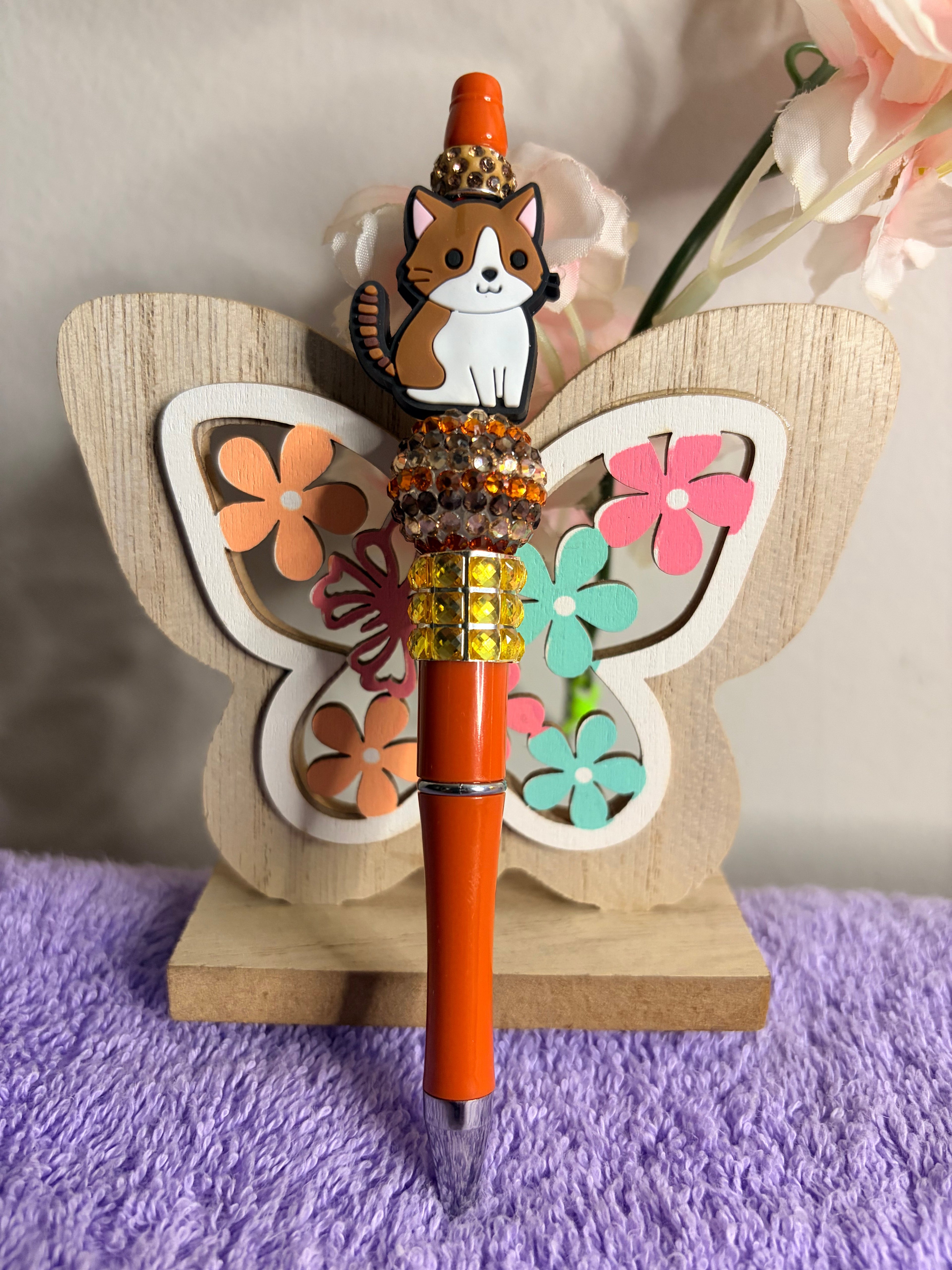 Kawaii Kitty Cat Rhinestone Beaded Pen with Amber Crystal Topper