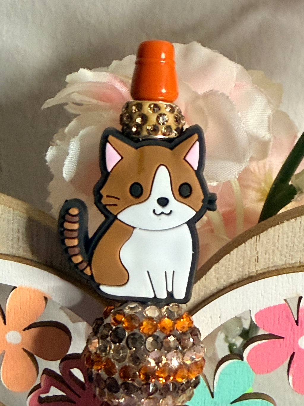 Kawaii Kitty Cat Rhinestone Beaded Pen with Amber Crystal Topper