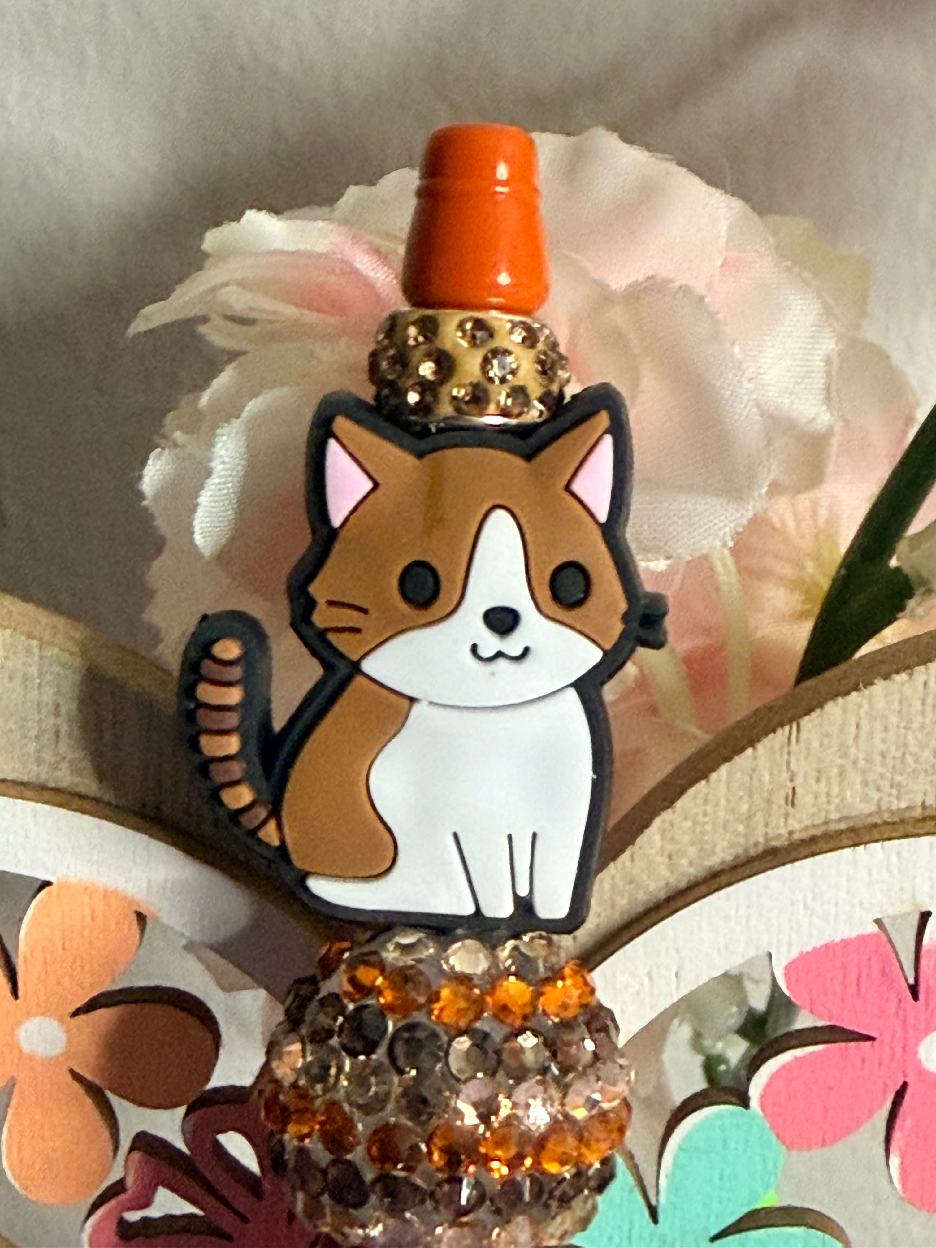 Kawaii Kitty Cat Rhinestone Beaded Pen with Amber Crystal Topper