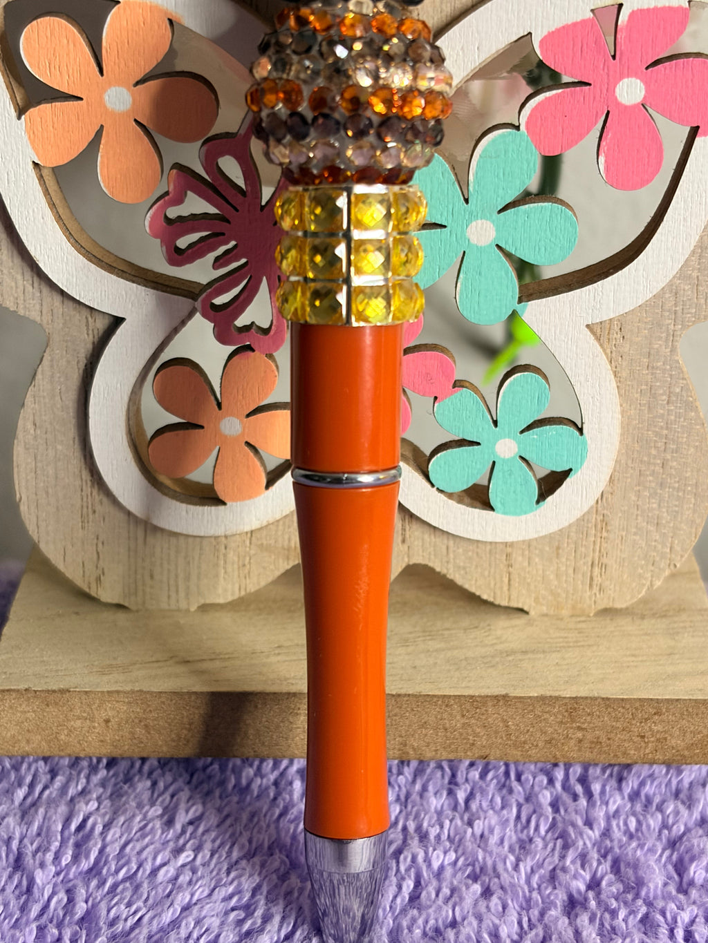 Kawaii Kitty Cat Rhinestone Beaded Pen with Amber Crystal Topper