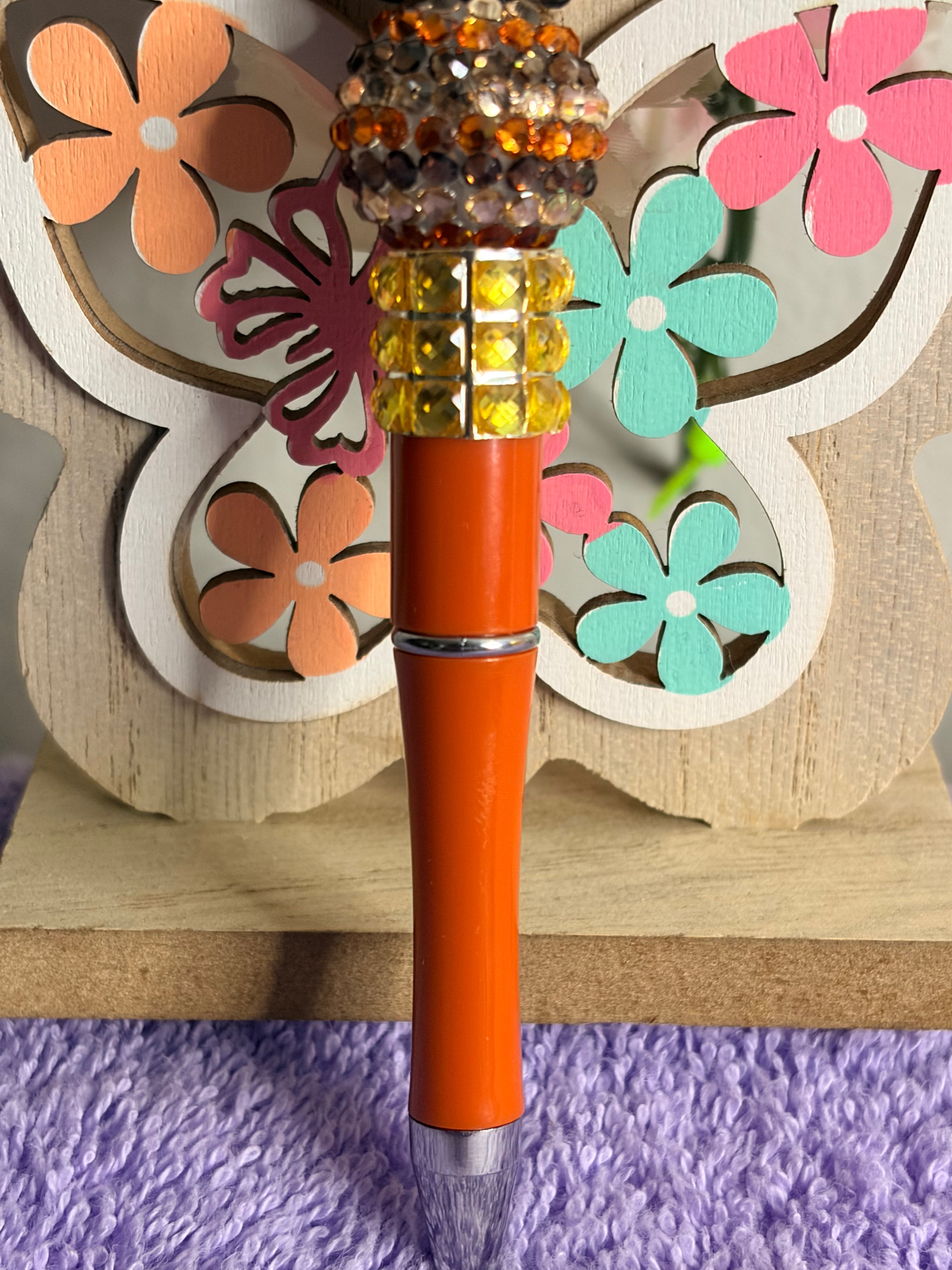 Kawaii Kitty Cat Rhinestone Beaded Pen with Amber Crystal Topper