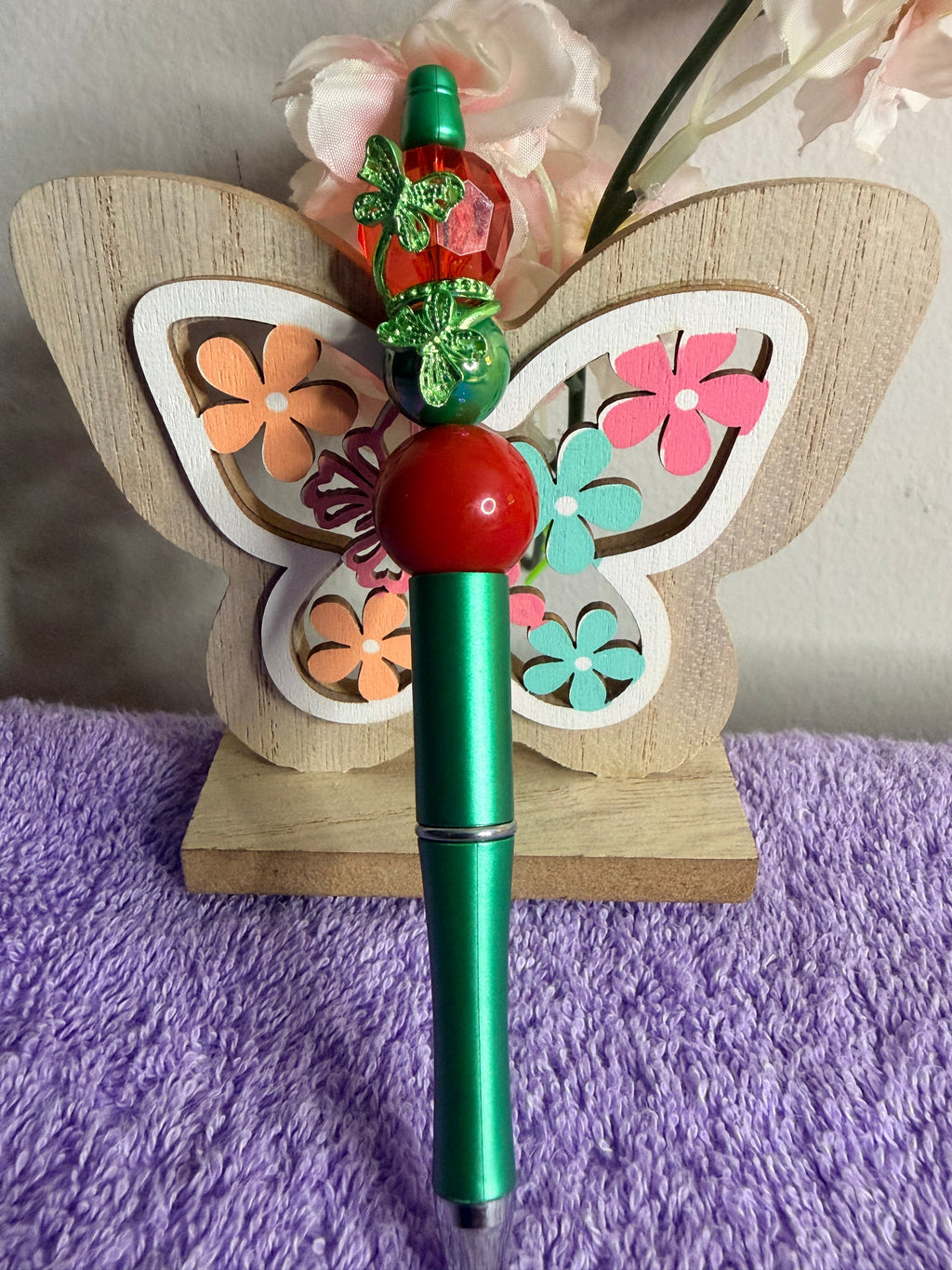 Christmas Green Beaded Pen with Red Crystal & Glitter Butterfly Flower Topper