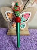Christmas Green Beaded Pen with Red Crystal & Glitter Butterfly Flower Topper