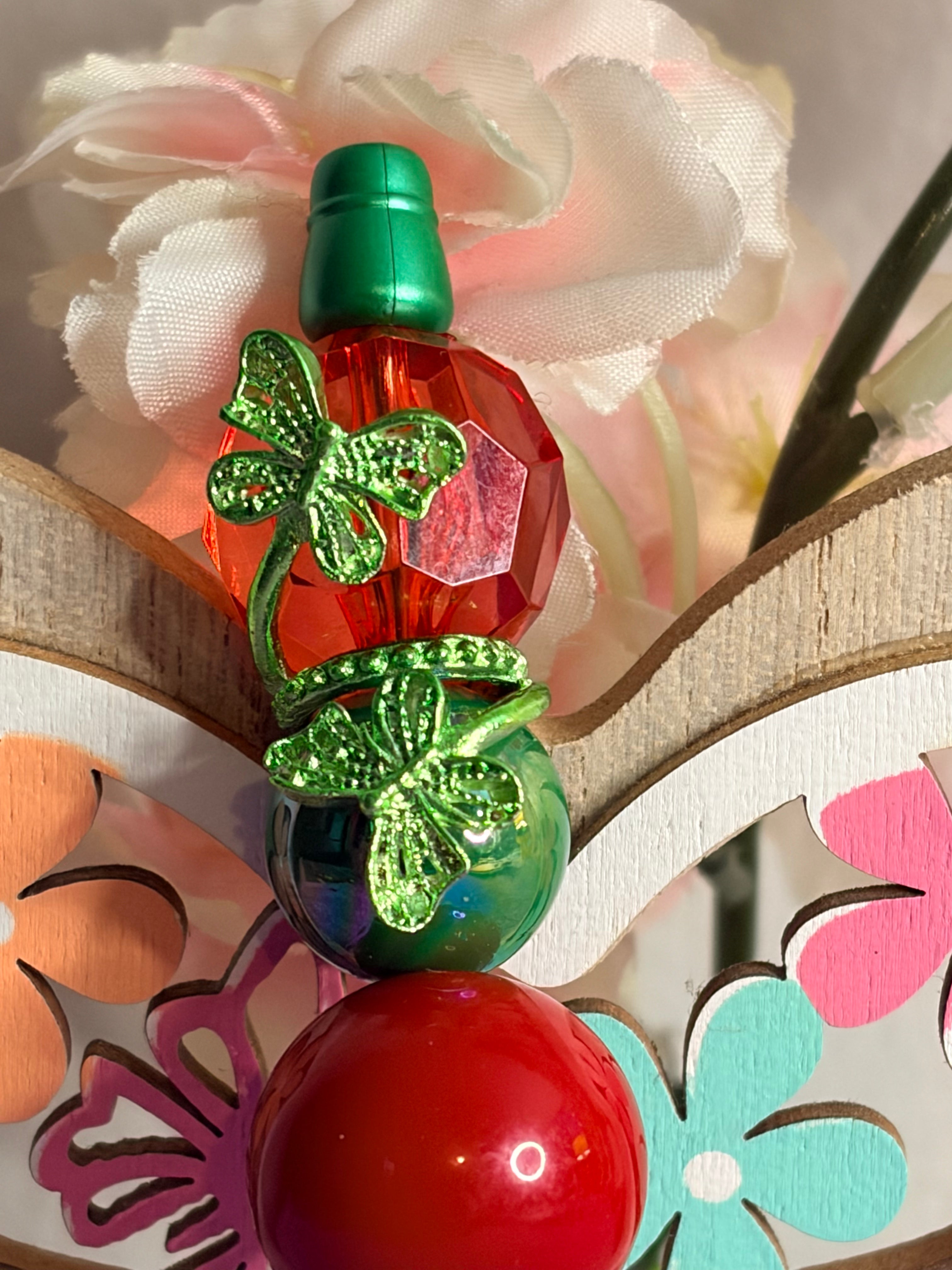 Christmas Green Beaded Pen with Red Crystal & Glitter Butterfly Flower Topper