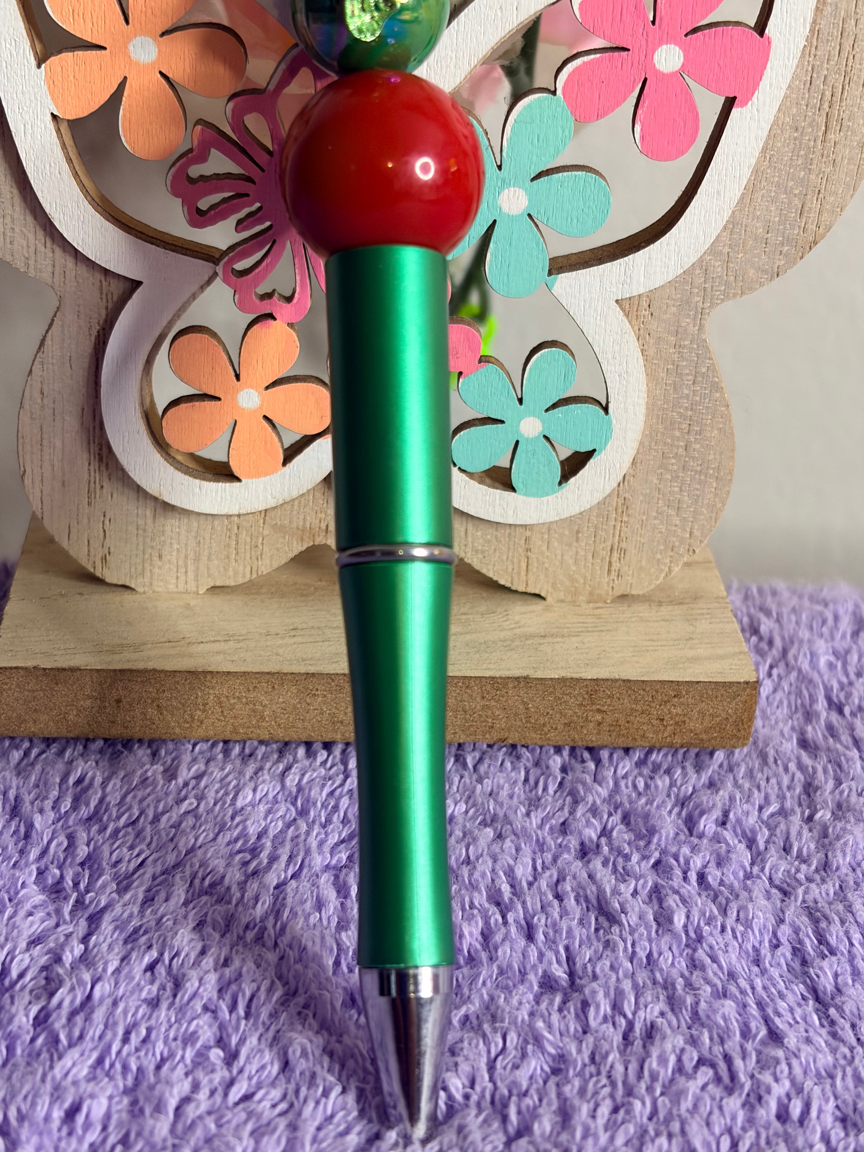 Christmas Green Beaded Pen with Red Crystal & Glitter Butterfly Flower Topper
