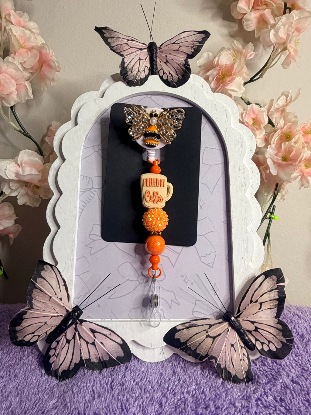 Fueled by Coffee Rhinestone Bumblebee Badge Reel with Orange Beaded Charm